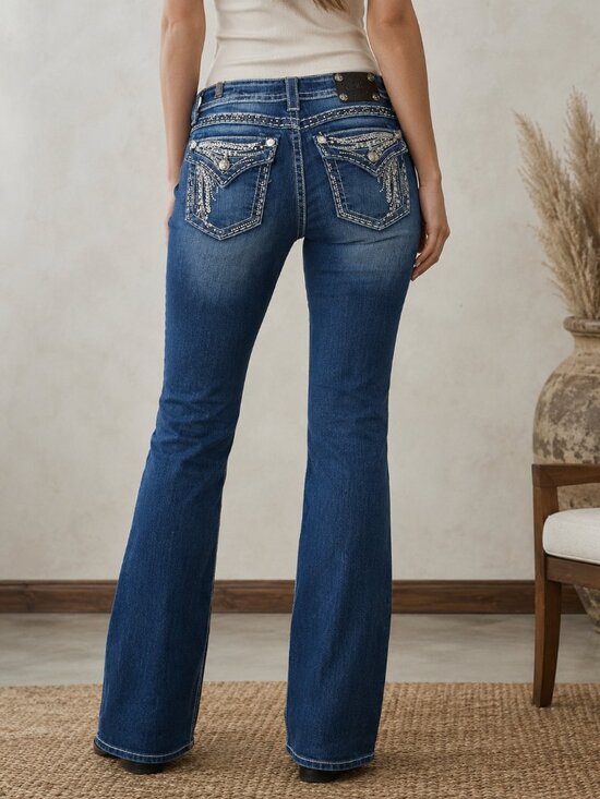 Miss Me Denim - Miss Me Easy Boot Cut Jeans Low Rise Embellished Studded Rhinestones Size 29